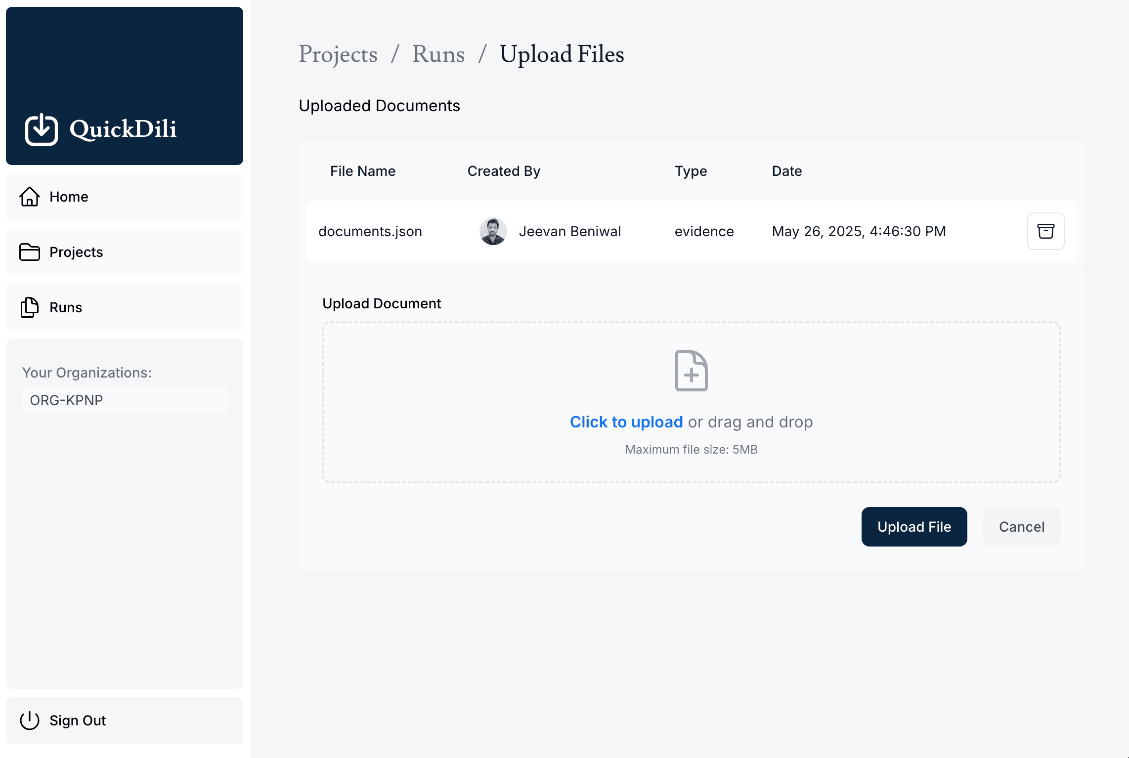 Document upload interface