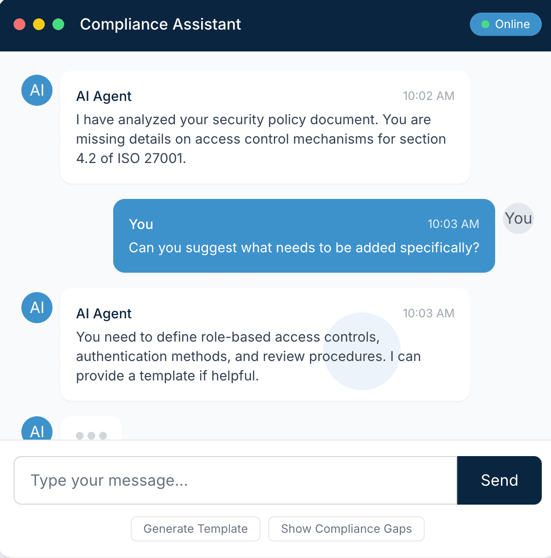 Chat interface with compliance agent