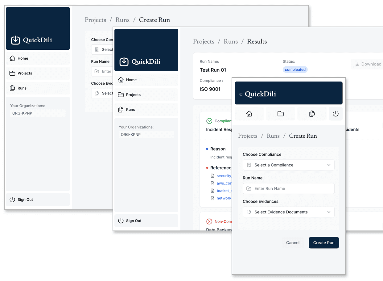 QuickDili dashboard interface showing compliance analysis